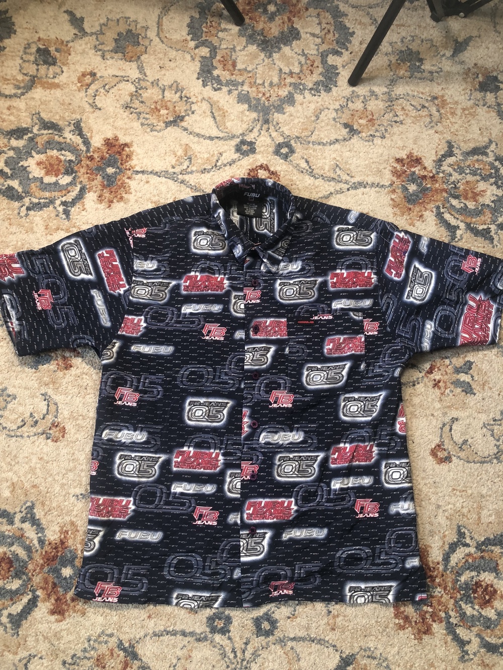 Vintage FUBU Shirt Mens Medium Black Red All Over Print Button Up FB Jeans 90s